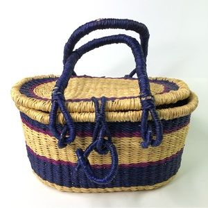 Picnic Basket Handbag Fair Trade Artisan Color Natural Purple Berry Hand Woven